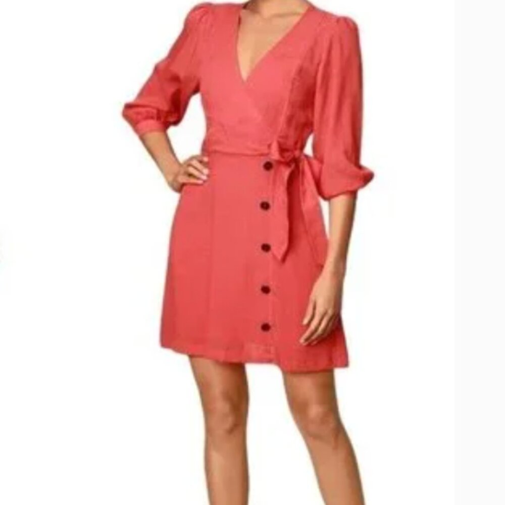 Lulus Faux Wrap Dress Small Red 3/4 Sleeve Button Shimmer